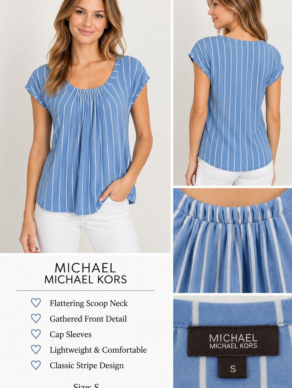 MICHAEL Michael Kors Long Striped Blouse with Capped Sleeves, EUC